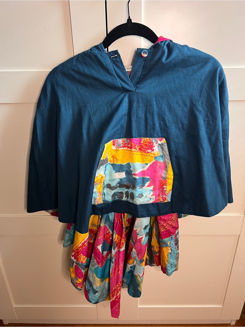 Girls' Teal Hooded Dress with Colorful Print Skirt